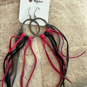 Fringe Hoop Earrings with Pink, Black & Gray Strips